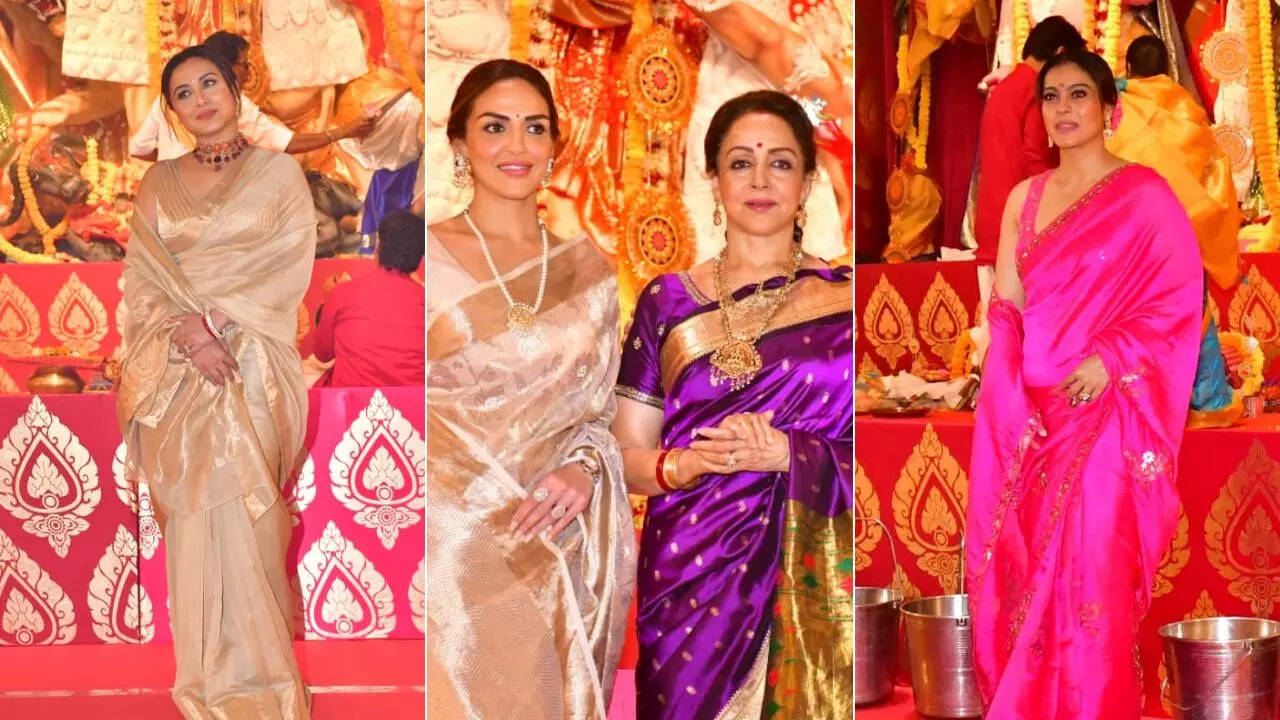 Durga Pooja 2023 मां दुर्गा को नमन करने पहुंचीं काजोल और रानी मुखर्जी आशीर्वाद लेने हेमा मालिनी भी आईं पंडाल
