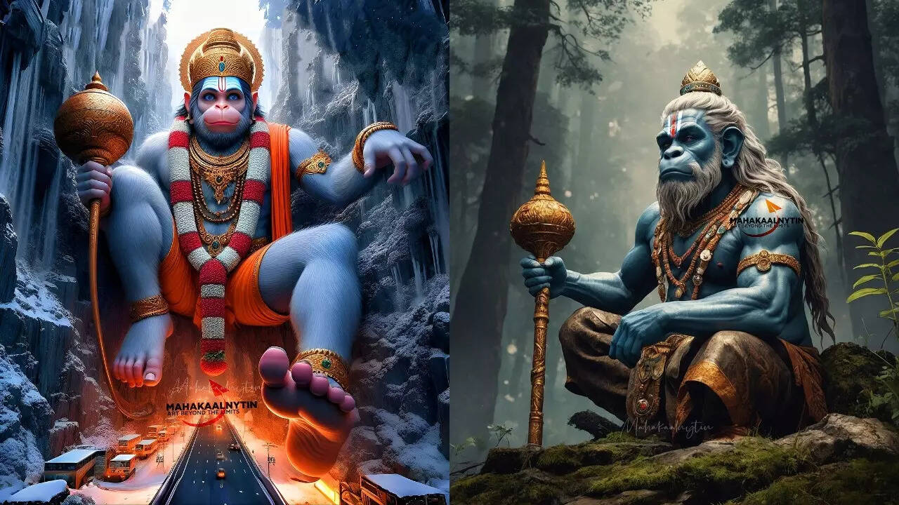 तस्वीर में कलाकार ने हनुमान का गुस्सैल रूप में भी दिखाया है।