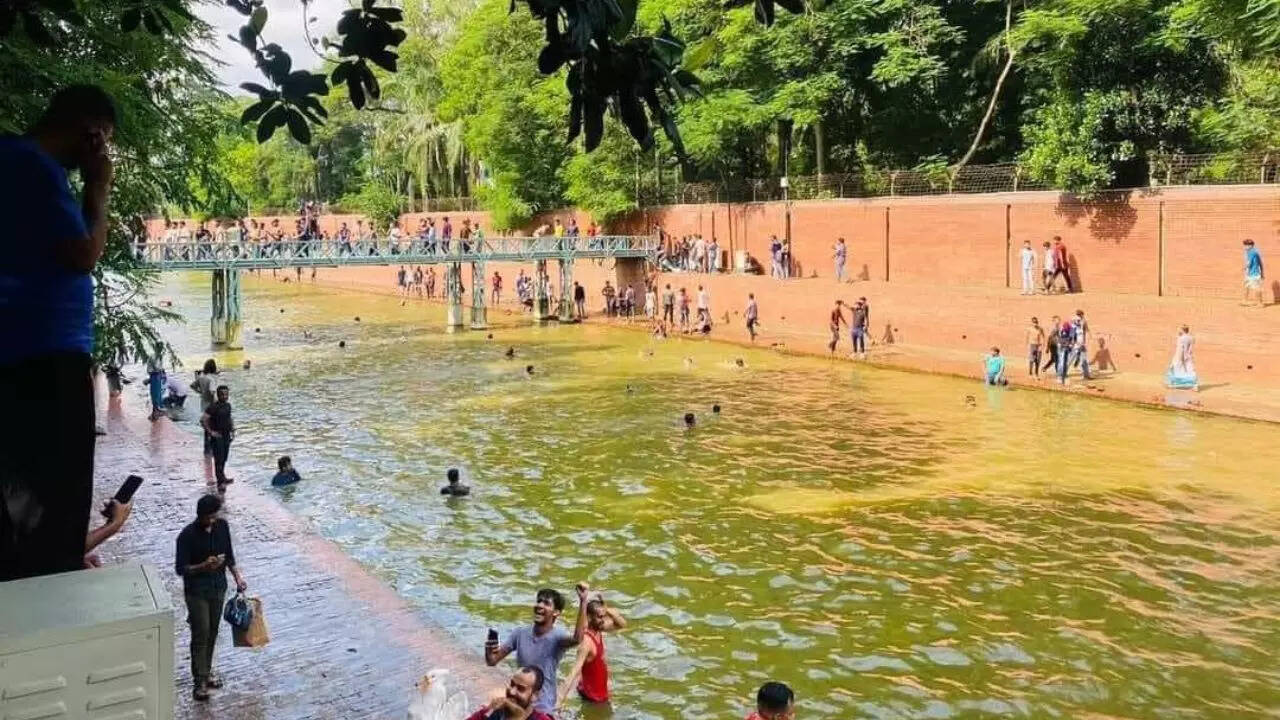 बांगलादेश में प्रदर्शनकारियों ने प्रधानमंत्री आवास के पूल पर कब्जा कर लिया।