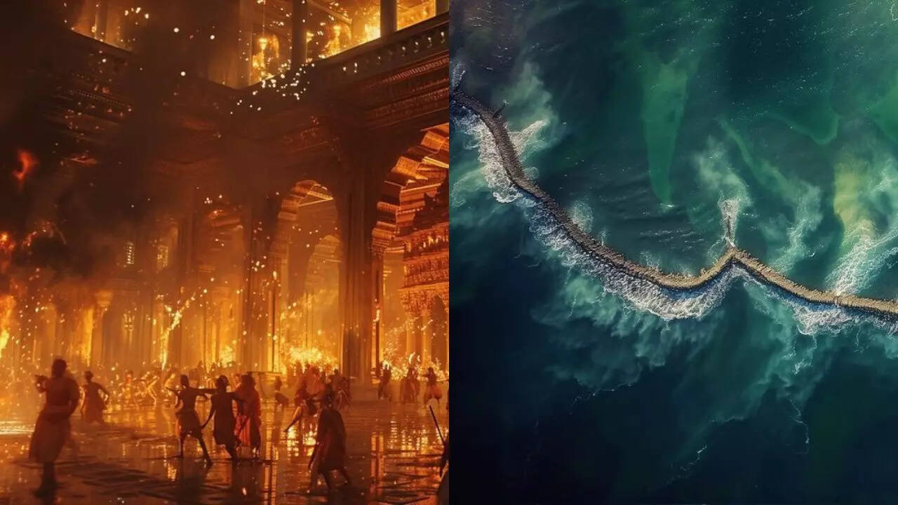एआई ने जलती हुई लंका और रामसेतु की कल्पना कुछ इस तरह से की है।
