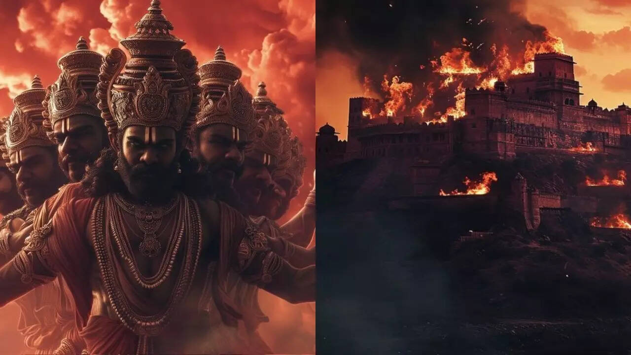 रावण और उसकी जलती हुई लंका की कल्पना कुछ इस तरह से की गई है।