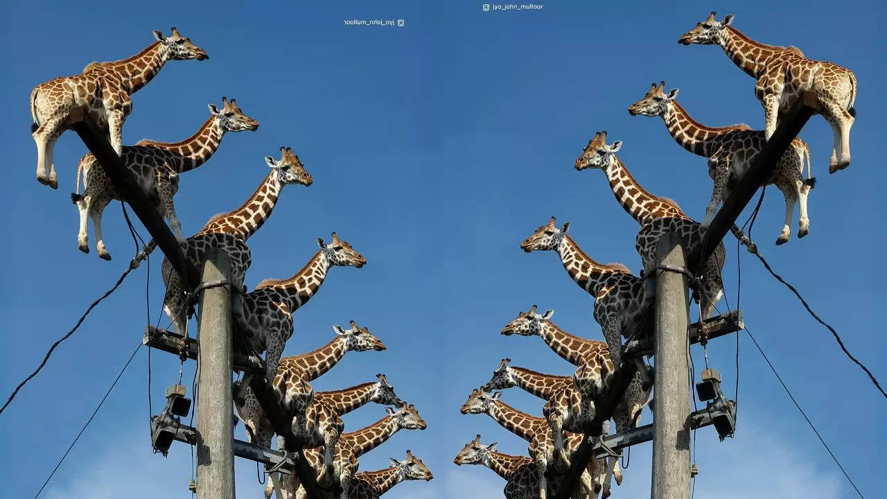तस्वीरों में देखिए कैसे एक साथ इतने सारे जिराफ बिजली के खंभे पर बैठे हुए नजर आए हैं। मानो सभी खतरना शिकारियों से बचने के लिए खंभे पर चढ़ गए हैं।