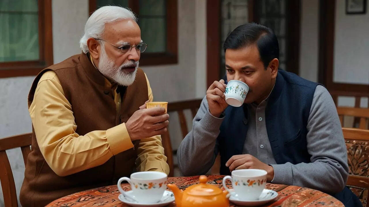 AI फोटो में दोनों नेता एक राउंड टेबल पर बैठकर चाय का लुत्फ ले रहे हैं।