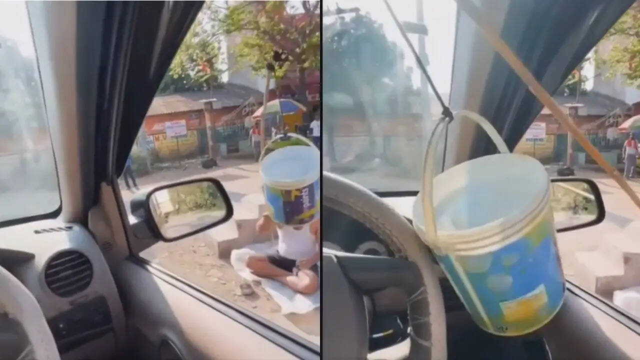 इसमें देखेंगे कि भिखारी ने एक बड़ी सी छड़ी के मुहाने पर एक बाल्टी बांध दी है। ऐसे में जब भी कोई कार उसके करीब आकर रुकती भिखाड़ी बैठे-बैठे ही वो बाल्टी कार सवार के करीब कर देता है।​