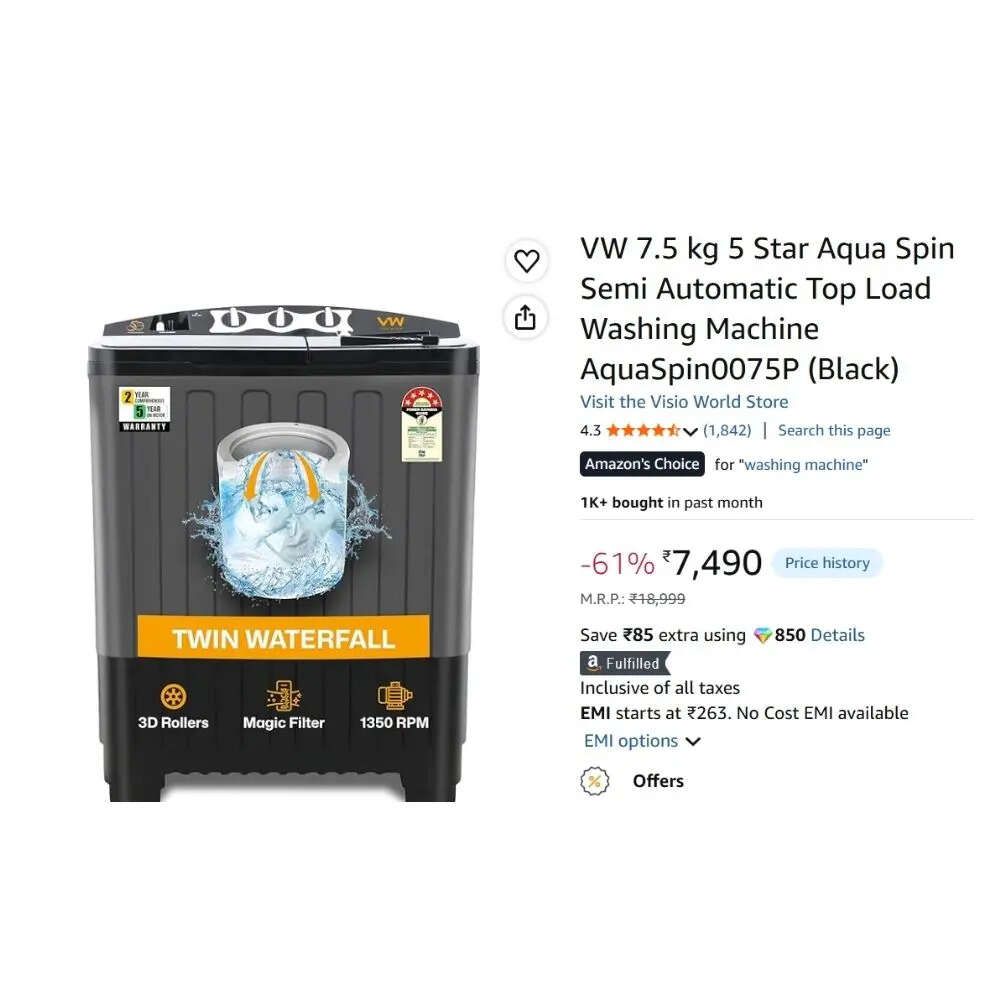 VW 7.5 kg 5 Star Aqua Spin Semi Automatic Top Load