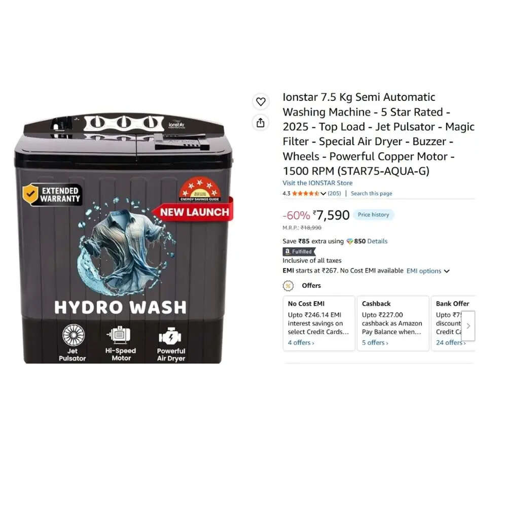 Ionstar 7.5 Kg Semi Automatic Washing Machine