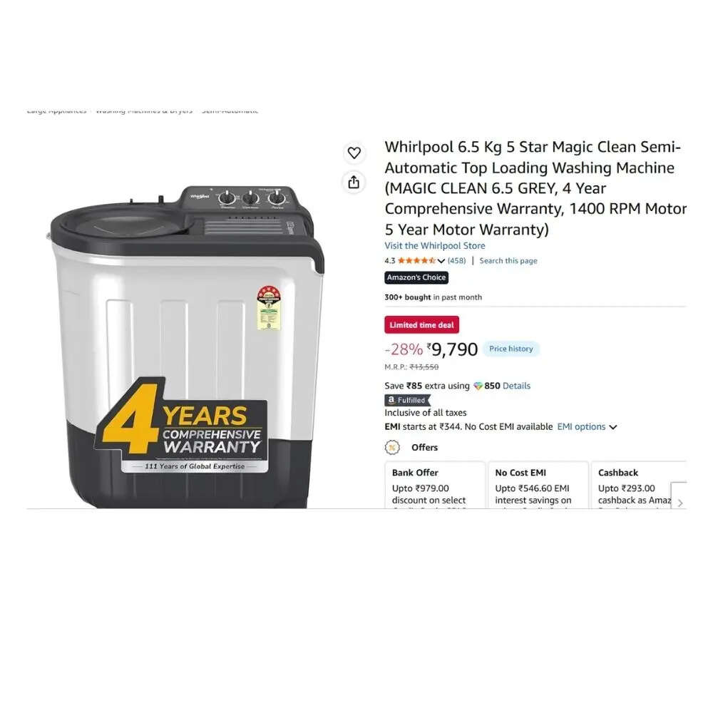 Whirlpool 6.5 Kg 5 Star Magic Clean Semi-Automatic Top