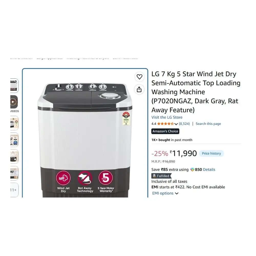 LG 7 Kg 5 Star Wind Jet Dry Semi-Automatic Top