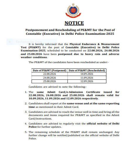 Delhi Police PE And MT Date, Schedule 2026