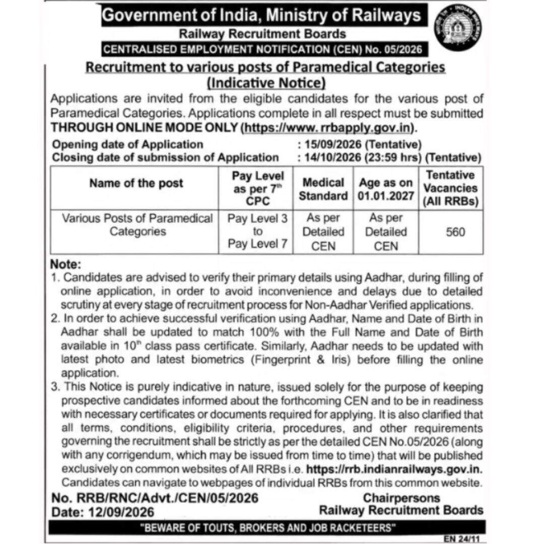RRB Paramedical Recruitment 2026