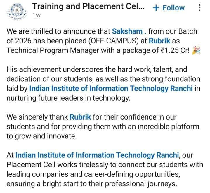 IIIT के B.Tech छात्र को 1.25 करोड़ का पैकेज