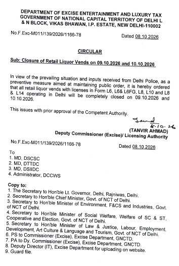 Delhi liquor shops closed October 9 10.