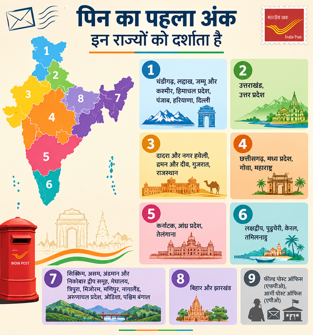 पिनकोड के लिए पूरे देश को 9 जोन में बांटा गया था।
