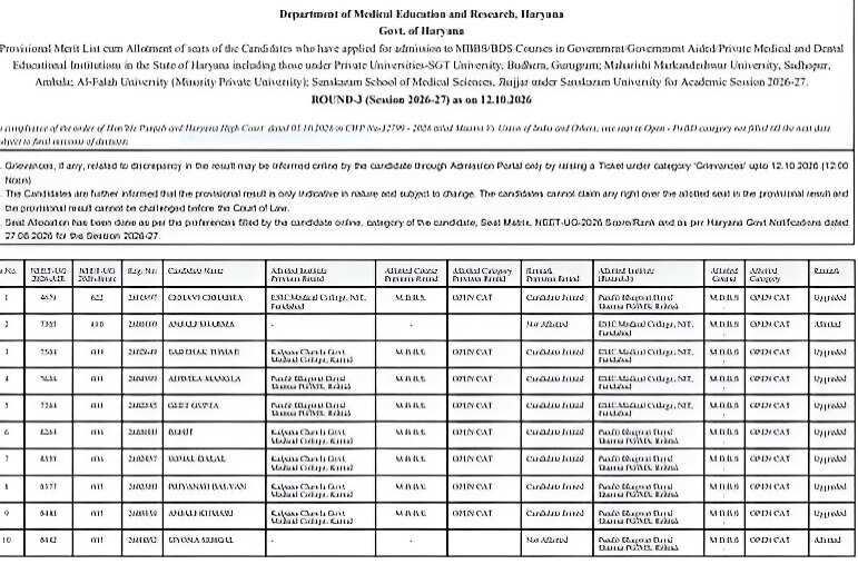 Haryana NEET UG Round 3 Seat Allotment Result 2026