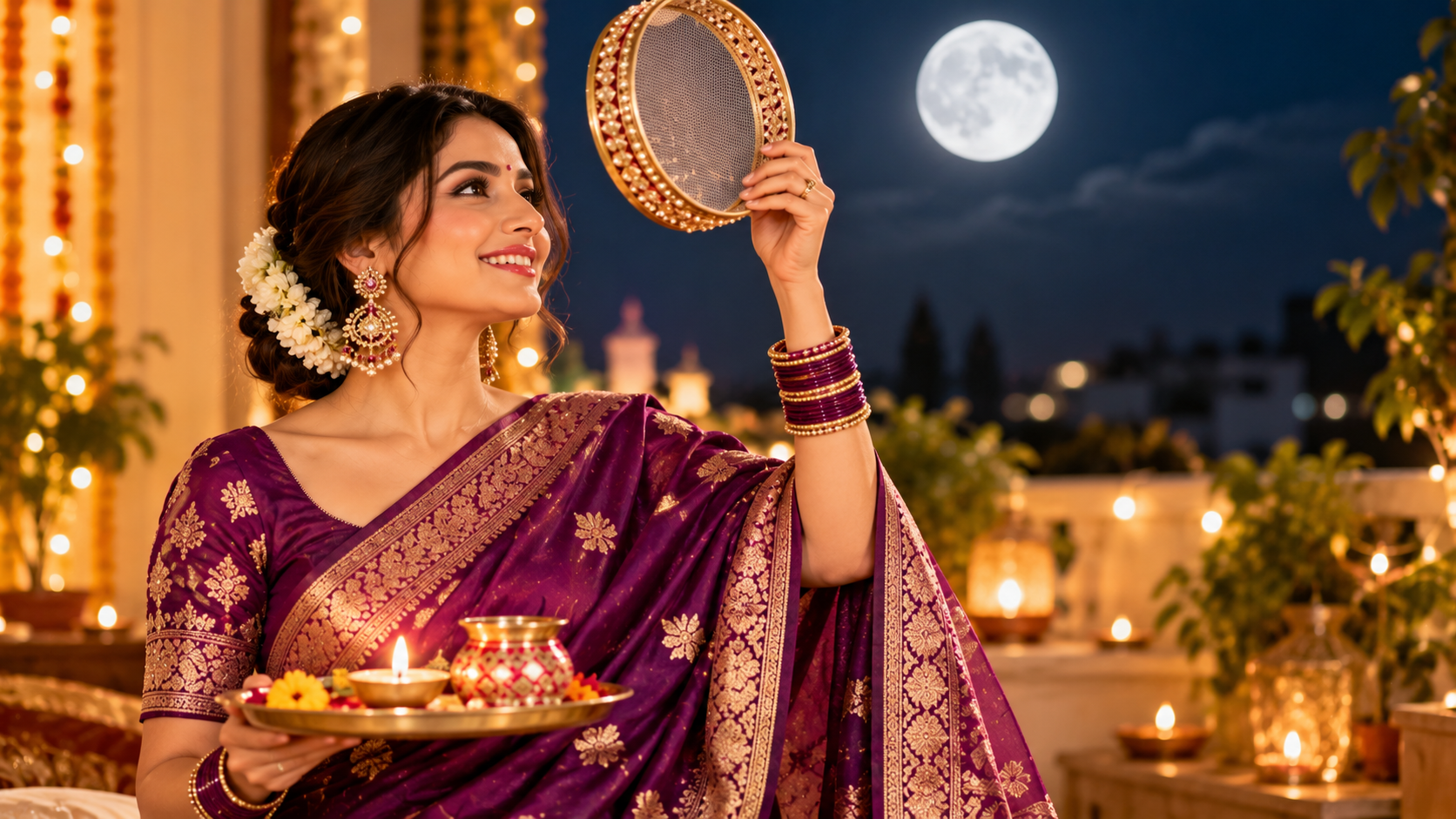 पर्पल शेड की साड़ी भी लुक उभारती है (AI Image)