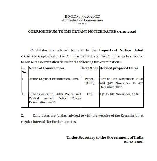 SSC JE, CAPF SI Revised Exam Schedule 2026