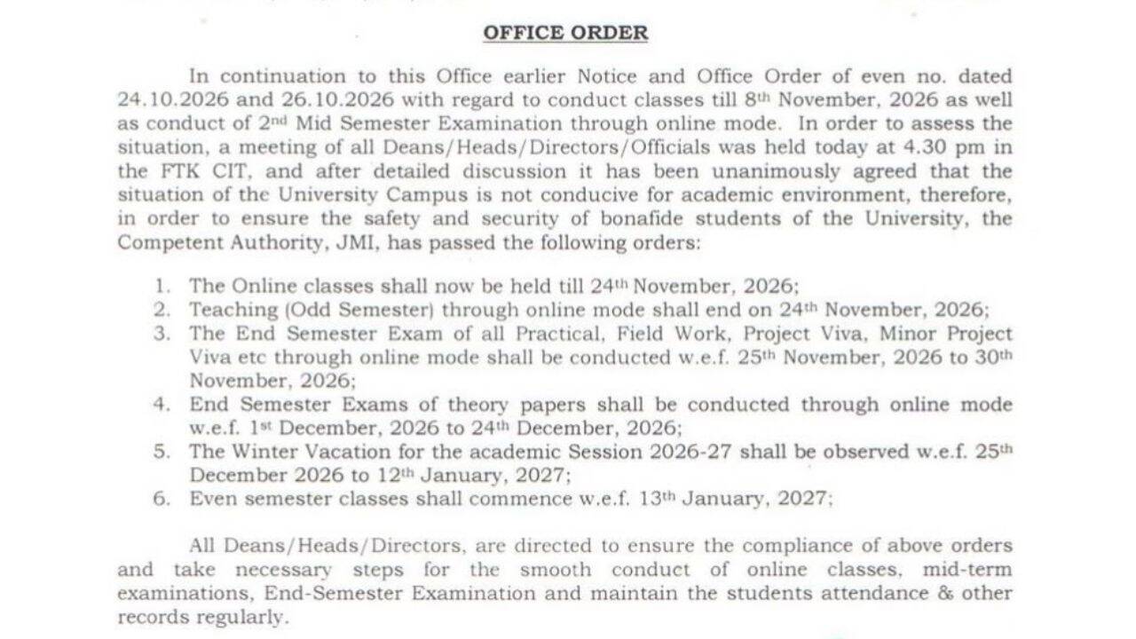 Jamia Millia Islamia Online Classes Schedule and Exam Dates