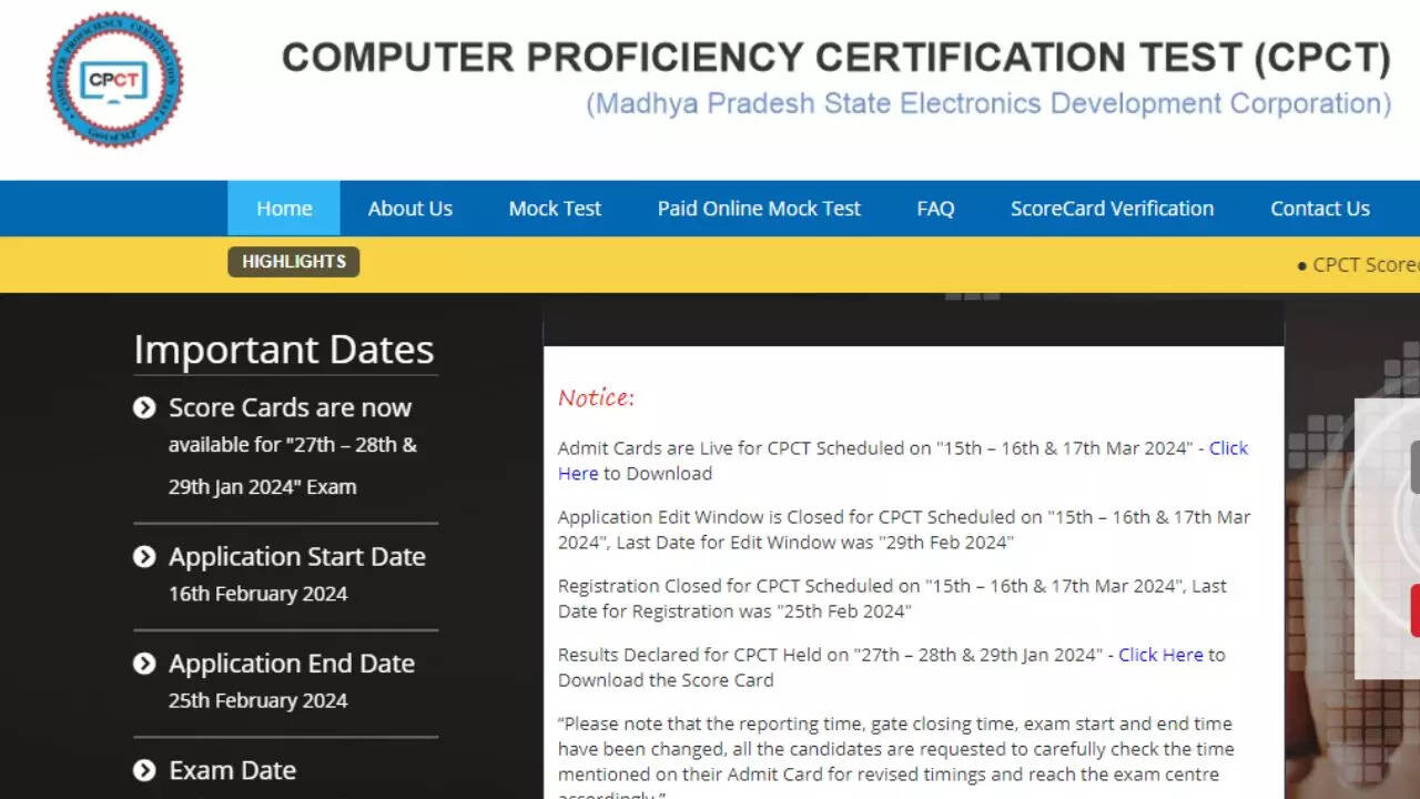 MP CPCT Admit Card 2024, Madhya Pradesh CPCT Admit Card 2024
