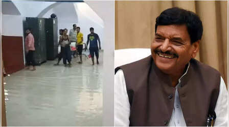 भारी बारिश के बाद यूपी विधानसभा में भरा पानी, चाचा शिवपाल ने यूं लिए सरकार के मजे