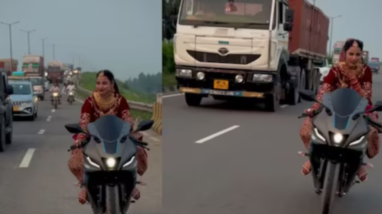 दुल्हन के गेटअप में बाइक चलाती महिला।