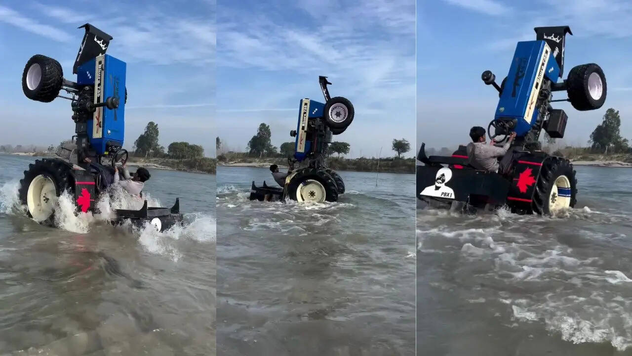 tractor stunt in river