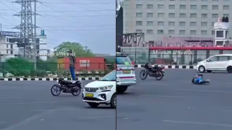 एक्‍सप्रेसवे पर स्‍टंट करता शख्‍स।