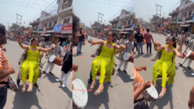 Bhabhi Dance ढोल पर बैठकर बीच सड़क भाभी ने किया ऐसा डांस देखकर कहेंगे- गर्दा उड़ा दिया