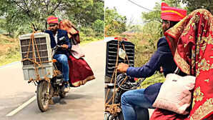 Video नई नवेली दुल्हन को बाइक पर बिठाकर ले जा रहा था दूल्हा गर्मी से बचने के लिए निकाला मजेदार जुगाड़