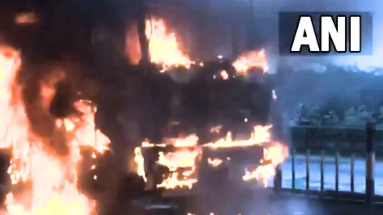 Trailer catches fire on Gandhidham-Kandla highway (Photo: ANI)