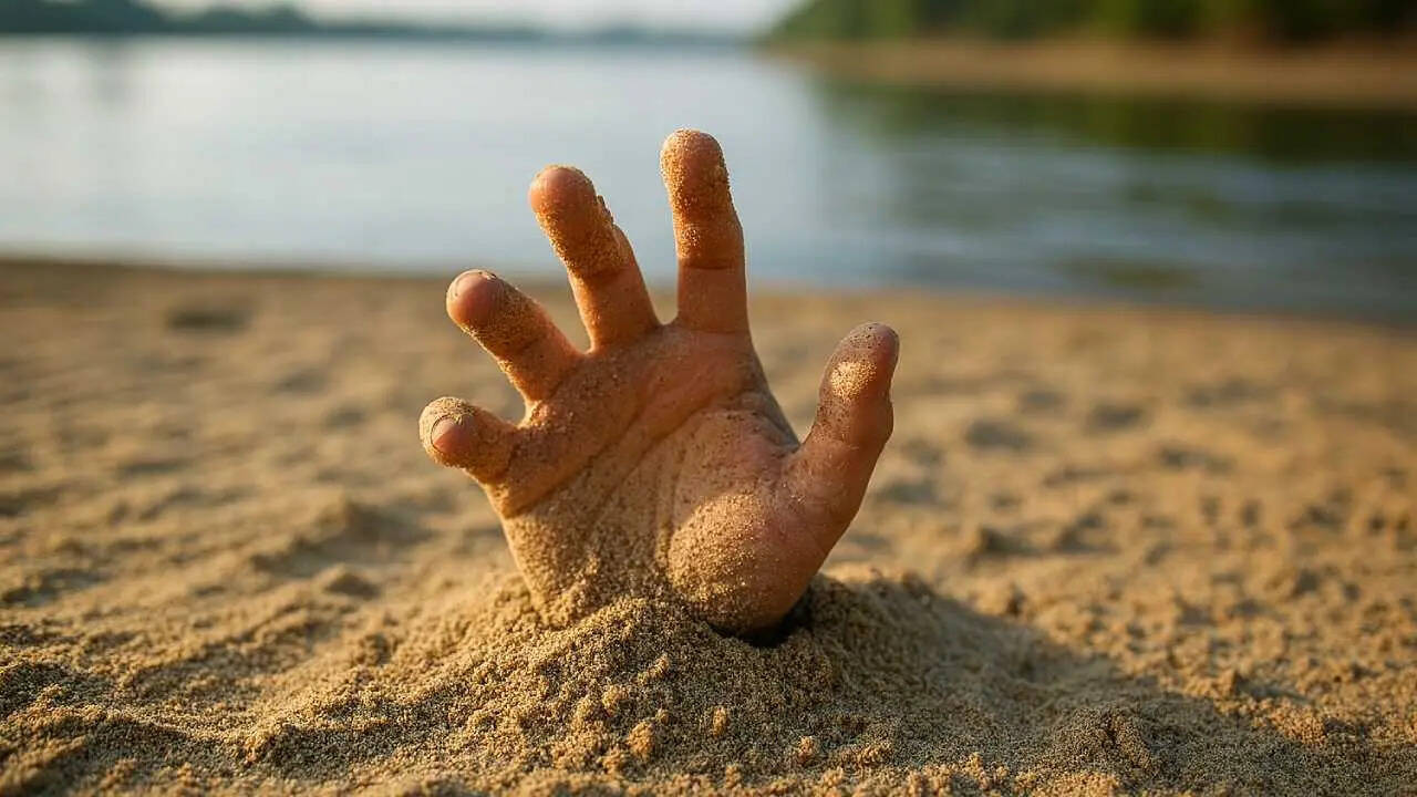 Hand emerging from sand AI