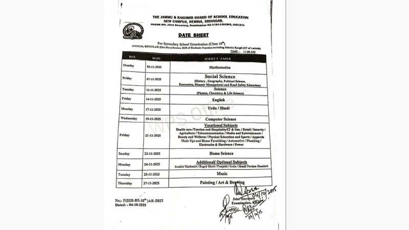 JKBOSE Class 10th Date Sheet 2025