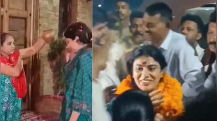 गुजरात मंत्रिमंडल में शामिल होने के बाद रीवाबा जडेजा पहली बार पहुंचीं घर; नजर उतारकर हुआ स्वागत
