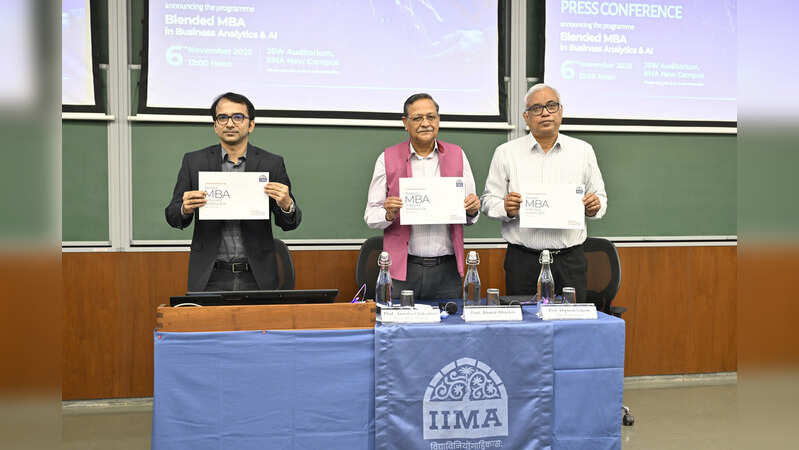 Prof Anindya Chakrabarti, Prof Bharat Bhasker, and Prof Diptesh Ghosh launched the Blended MBA programme in BA & AI at IIMA