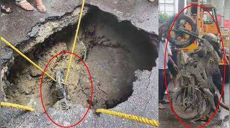 IT chowk Lucknow Pothole News: पूर्व डिप्टी सीएम के घर के सामने सड़क पर हुए बड़े गड्ढे में समाई बाइक, युवक घायल