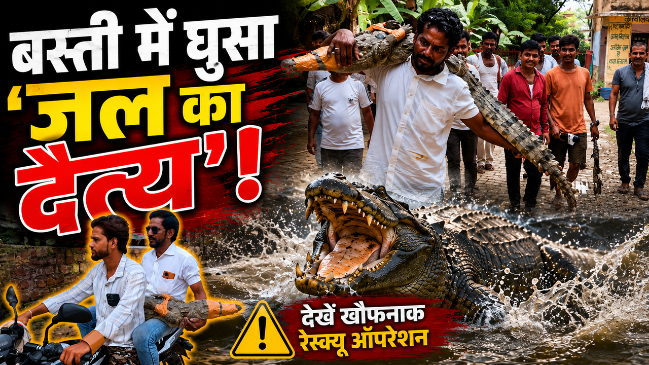 VIDEO: बस्ती में घुसा 6 फीट लंबा मगरमच्छ, पकड़ने के लिए घंटों चली मशक्कत, फिर बाइक पर हुआ 'शाही सफर'